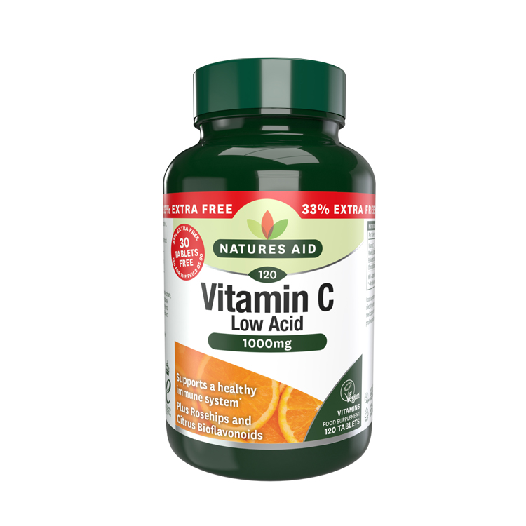 Natures Aid Vitamin C Low Acid 1000mg 120 Tabs (90+30 Free)